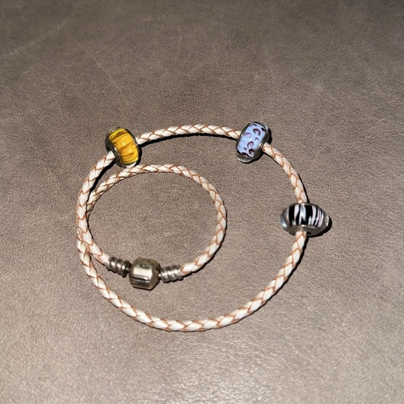 Pandora beads- discontinued tiger eye, zebra, leopard wrap bracelet in leather. - Picture 2 of 5